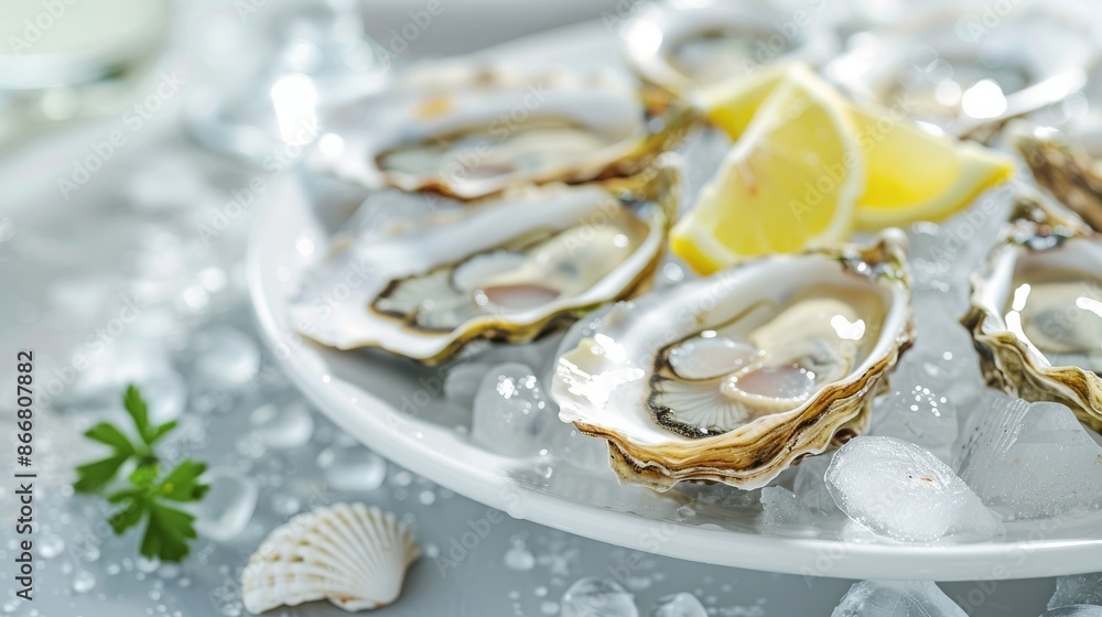 Plate of fresh oysters with lemon wedges served on ice, gourmet seafood dish concept Plate of fresh oysters with lemon wedges served on ice, gourmet seafood dish concept