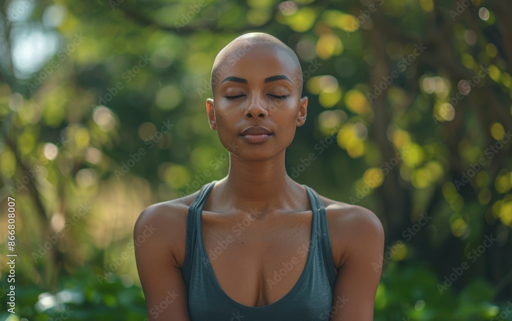 A close-up portrait of a bald black woman meditating in a peaceful forest setting. She is wearing a green sports bra and has her eyes closed A close-up portrait of a bald black woman meditating in a peaceful forest setting. She is wearing a green sports bra and has her eyes closed