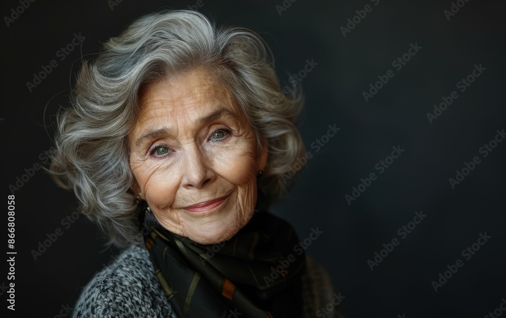 A close-up portrait of a beautiful senior woman with silver hair and a gentle smile. She is wearing a patterned scarf and a sweater A close-up portrait of a beautiful senior woman with silver hair and a gentle smile. She is wearing a patterned scarf and a sweater