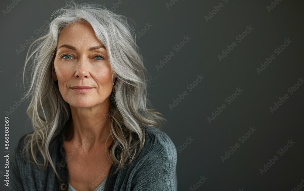 A close-up portrait of a beautiful senior woman with gray hair, posing against a gray background A close-up portrait of a beautiful senior woman with gray hair, posing against a gray background