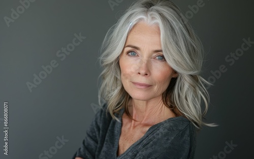 A beautiful senior woman with gray hair poses against a gray background