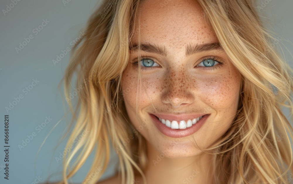 A close-up portrait of a young, blonde woman smiling with freckles A close-up portrait of a young, blonde woman smiling with freckles