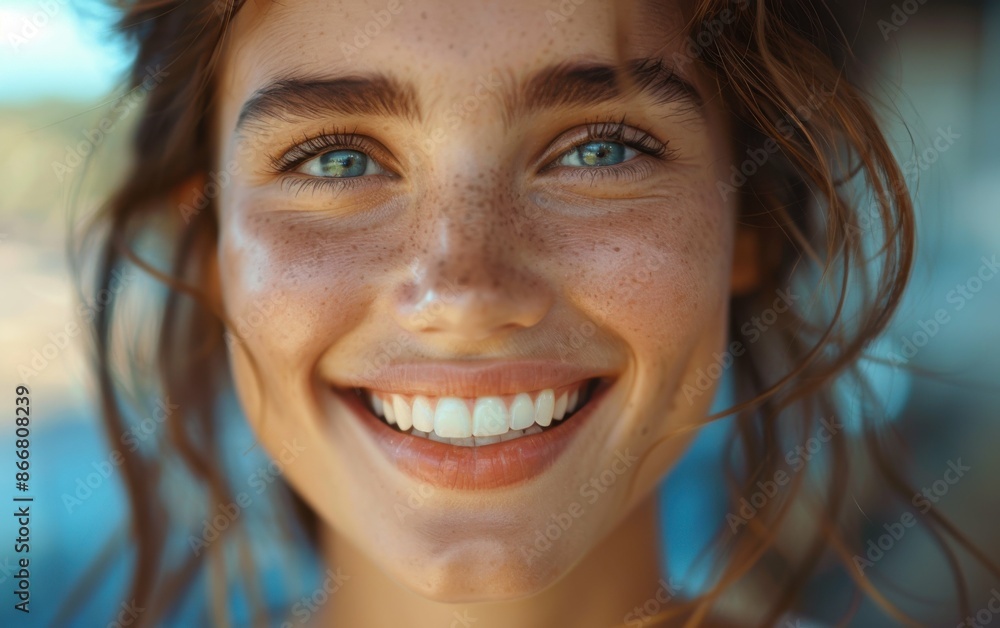 A close-up portrait of a young woman with freckles and long brown hair, smiling brightly A close-up portrait of a young woman with freckles and long brown hair, smiling brightly