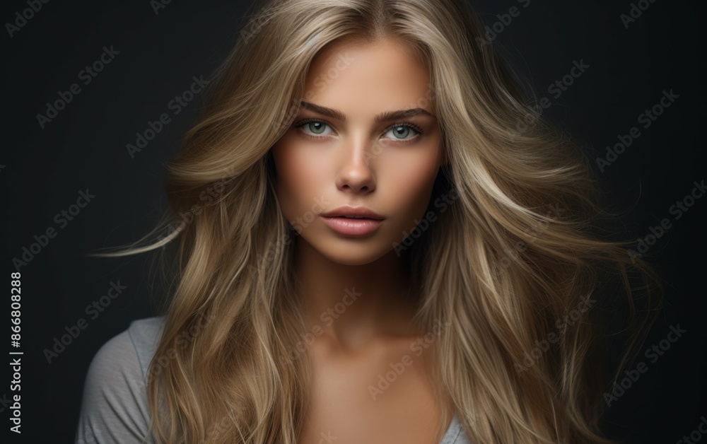 A portrait of a beautiful blonde woman with long, flowing hair. Her green eyes are piercing and her expression is intense. The background is a dark, solid color A portrait of a beautiful blonde woman with long, flowing hair. Her green eyes are piercing and her expression is intense. The background is a dark, solid color