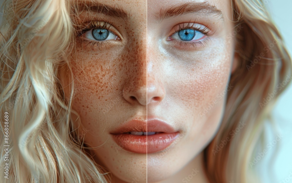 A close-up portrait of a womans face, split in half to show the contrast between her youthful and aged sides A close-up portrait of a womans face, split in half to show the contrast between her youthful and aged sides
