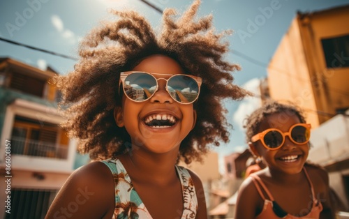 Two young girls with afro hair, wearing sunglasses, smile brightly under the Caribbean sun