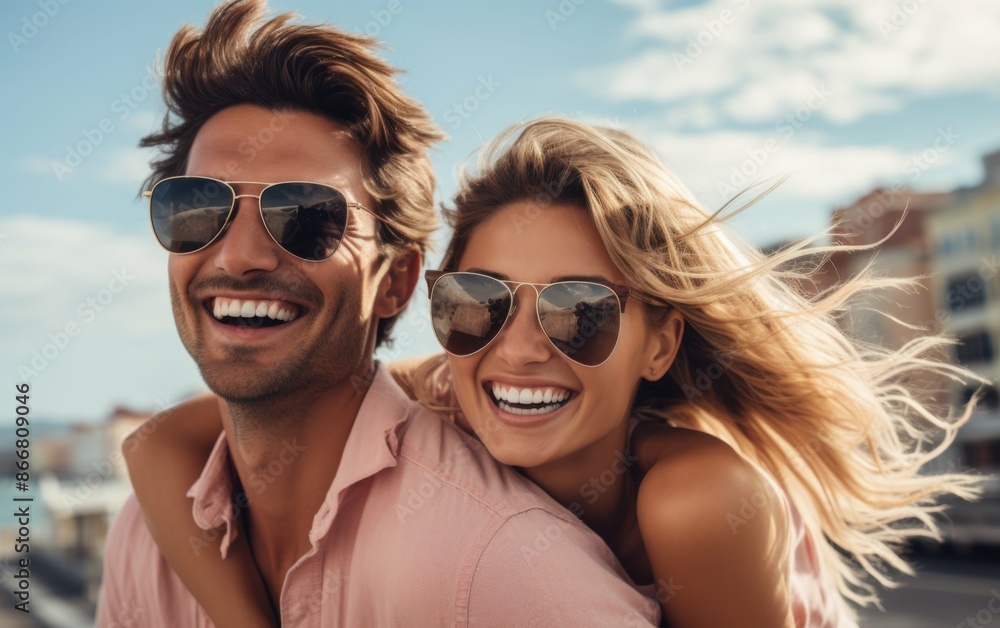 A young couple in sunglasses smiles brightly as they enjoy a sunny day together. The woman is leaning back on the mans shoulders while he holds her up A young couple in sunglasses smiles brightly as they enjoy a sunny day together. The woman is leaning back on the mans shoulders while he holds her up