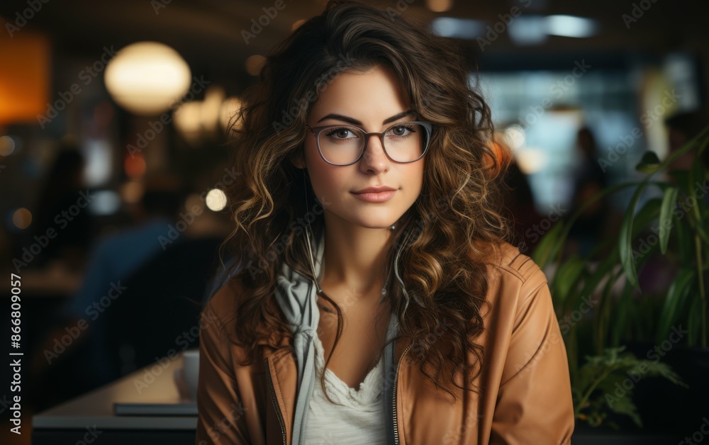 A young woman with long curly brown hair and wearing glasses is sitting in a coffee shop making a call on her phone A young woman with long curly brown hair and wearing glasses is sitting in a coffee shop making a call on her phone