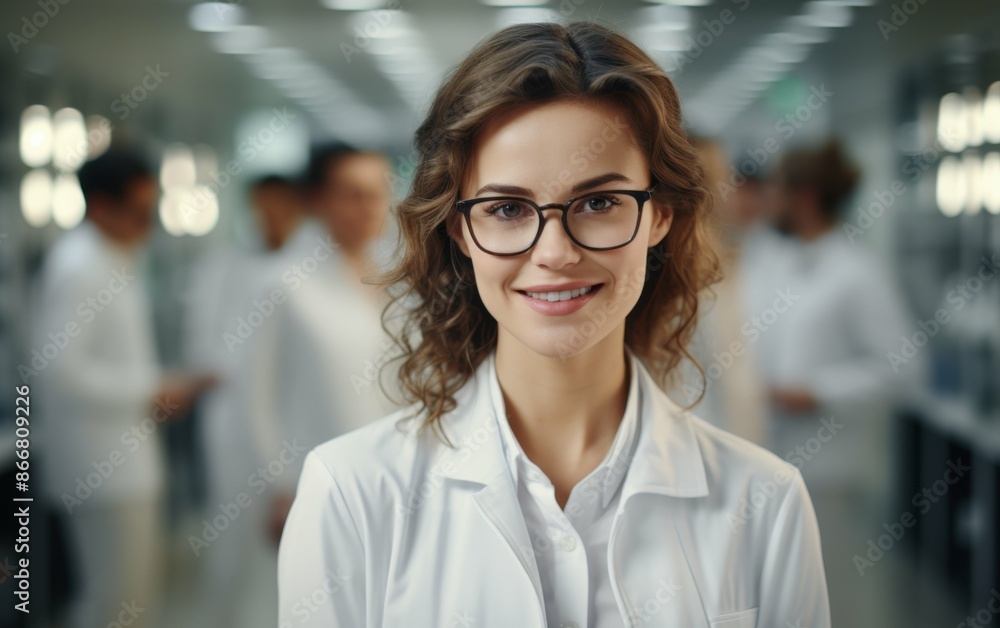 Fototapeta premium A young woman scientist wearing a white lab coat smiles confidently in a modern laboratory setting