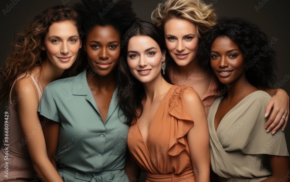 A close-up portrait of five diverse women smiling together in a studio setting A close-up portrait of five diverse women smiling together in a studio setting
