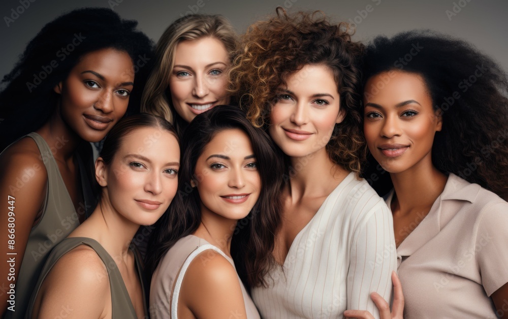 A group of five diverse women with different hairstyles and skin tones stand close together, smiling and looking directly at the camera A group of five diverse women with different hairstyles and skin tones stand close together, smiling and looking directly at the camera
