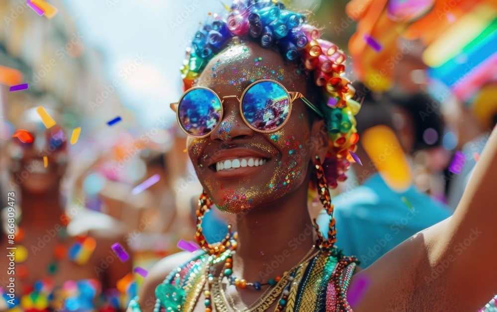 A Black drag queen smiles brightly, wearing a rainbow headpiece and sunglasses, while confetti falls around her at a Pride parade A Black drag queen smiles brightly, wearing a rainbow headpiece and sunglasses, while confetti falls around her at a Pride parade