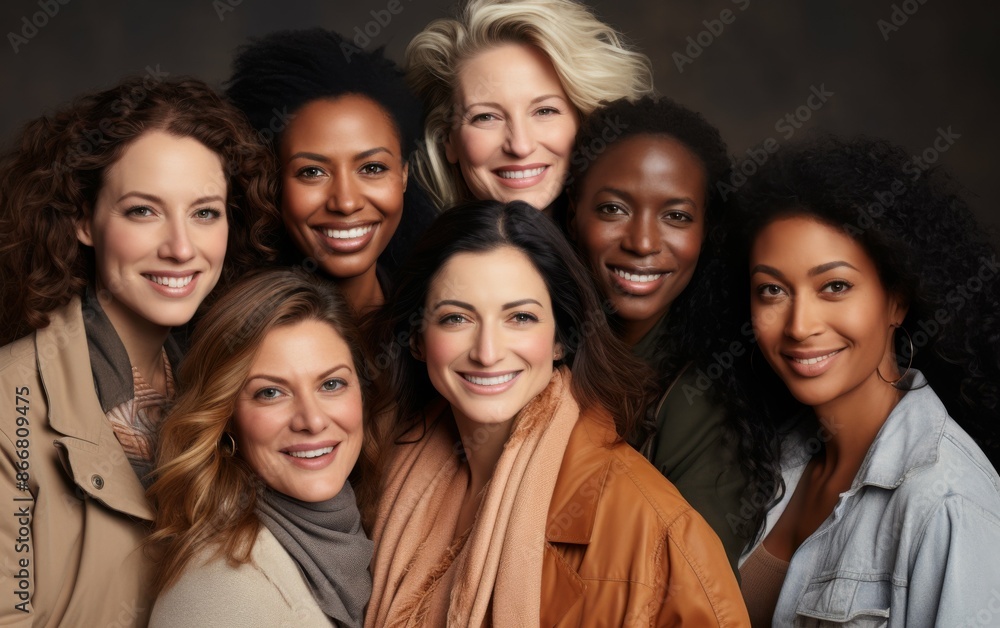 A diverse group of women of different ages and ethnicities are standing close together, smiling at the camera. They are all wearing casual clothing A diverse group of women of different ages and ethnicities are standing close together, smiling at the camera. They are all wearing casual clothing