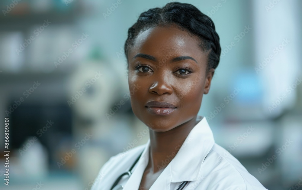 A close-up portrait of a young, African American female doctor pharmacist in a white lab coat, looking directly at the camera A close-up portrait of a young, African American female doctor pharmacist in a white lab coat, looking directly at the camera