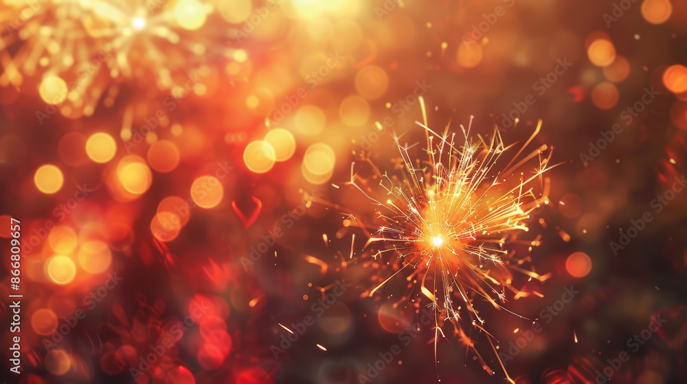 Naklejka premium Abstract New Year’s fireworks gold and dark red colors bokeh holiday background.