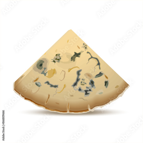 A slice of blue cheese, triangular piece with mold. Dairy and cheese products. Roquefort cheese. Realistic vector illustration isolated on white background. Delicious and organic gourmet food.
