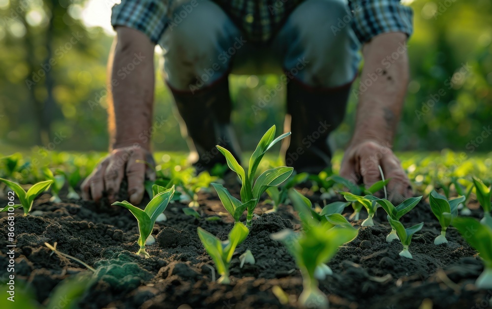 A farmer kneels down in a field, inspecting the young corn sprouts that are just beginning to emerge from the soil A farmer kneels down in a field, inspecting the young corn sprouts that are just beginning to emerge from the soil