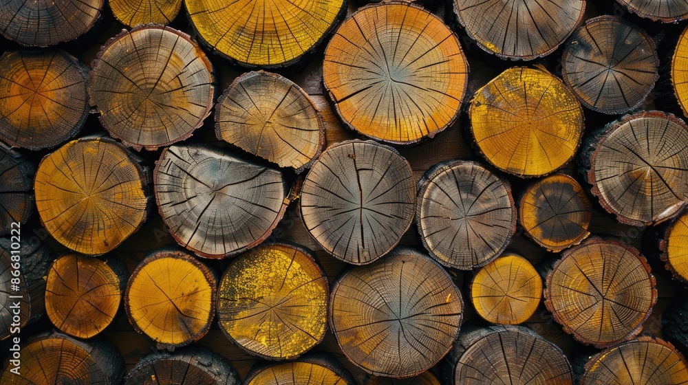 Fototapeta premium Do It Yourself art concept with round wooden stumps in brown and yellow colors for natural texture