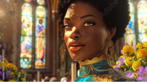  A regal Afro-American woman with caramel skin and a black pixie cut, gold jewelry, a teal and yellow embroidered lace turtleneck. background a church scene with vibrant flowers, stained glass windows © manida