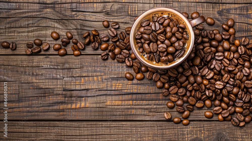 Coffee cup made of coffee beans on wood background with space for text Coffee cup made of coffee beans on wood background with space for text