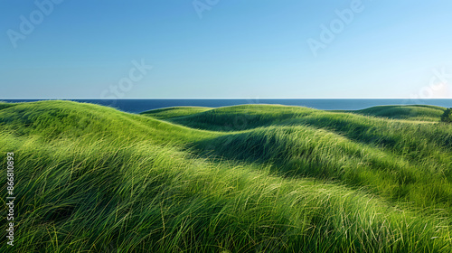 Grassy field with ocean background. Generative by AI