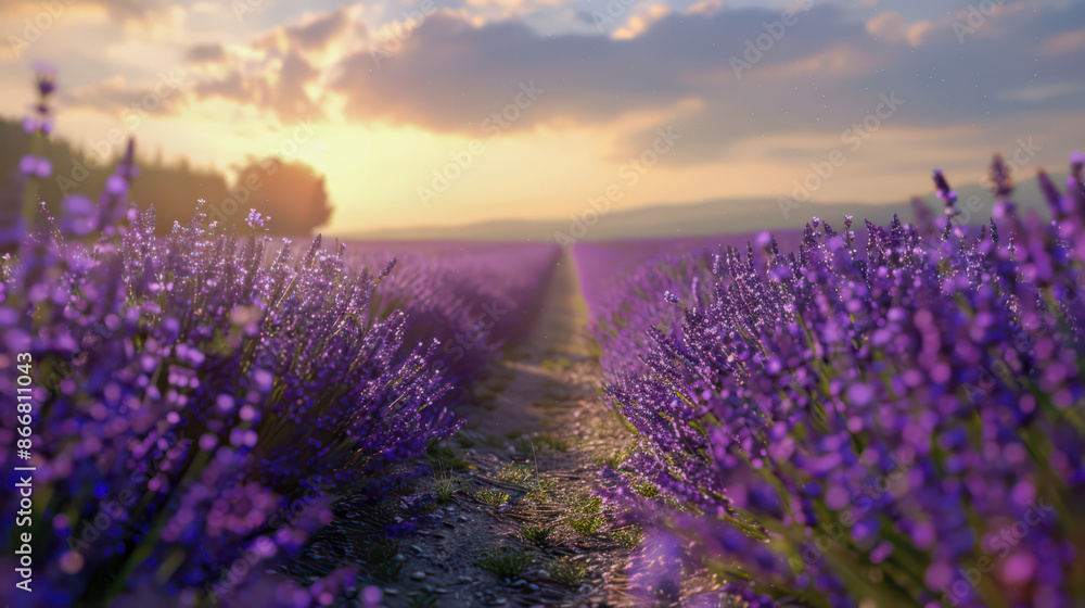Obraz premium A bicycle path through huge beautiful lavender fields