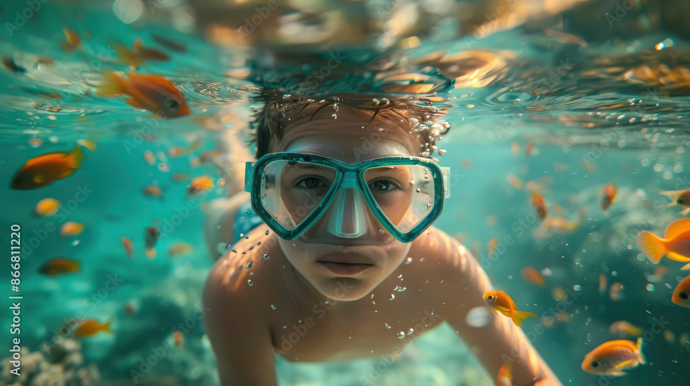 Naklejka premium little boy in a diving mask swims underwater in the sea, child, kid, baby, summer, vacation, swimming, ocean, scuba diving, snorkeling, recreation, dive, face, person, people, blue water, aqua, pool