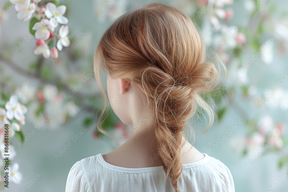 A serene image capturing a young girl from behind, focusing on her twisted braid hair and the beautiful spring blossoms A serene image capturing a young girl from behind, focusing on her twisted braid hair and the beautiful spring blossoms