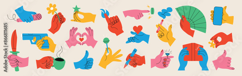 Set of colorful hands holding various stuff on light background. Different operations and gestures. Hand drawn vector. All elements isolated.