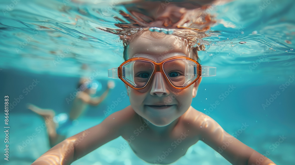 Fototapeta premium little boy in a diving mask swims underwater in the sea, child, kid, baby, summer, vacation, swimming, ocean, scuba diving, snorkeling, recreation, dive, face, person, people, blue water, aqua, pool