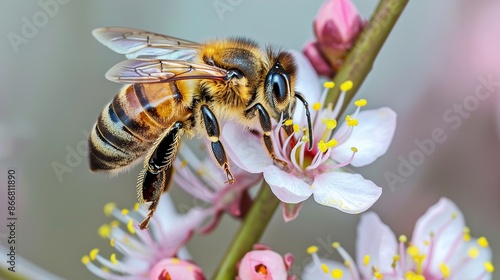 Honey Bee Pollinating a Peach Blossom