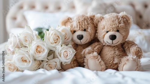 Soft toys with flowers on the bed close-up, romance