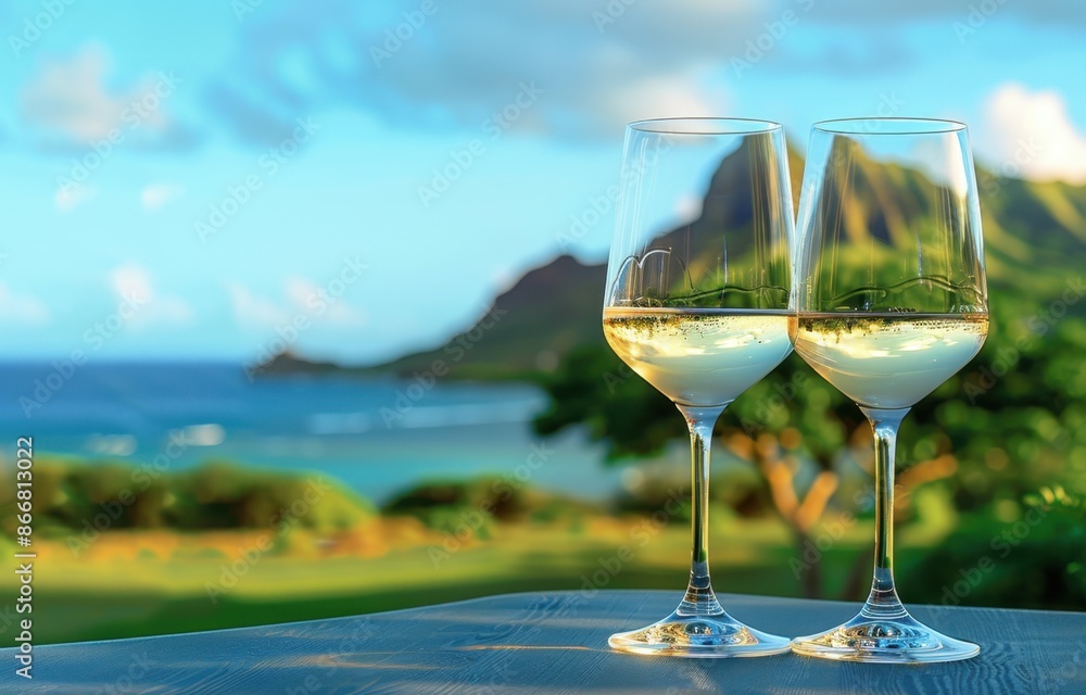 Two glasses of white wine on a table with a landscape featuring a diamond head mountain in the background Generative AI Two glasses of white wine on a table with a landscape featuring a diamond head mountain in the background Generative AI