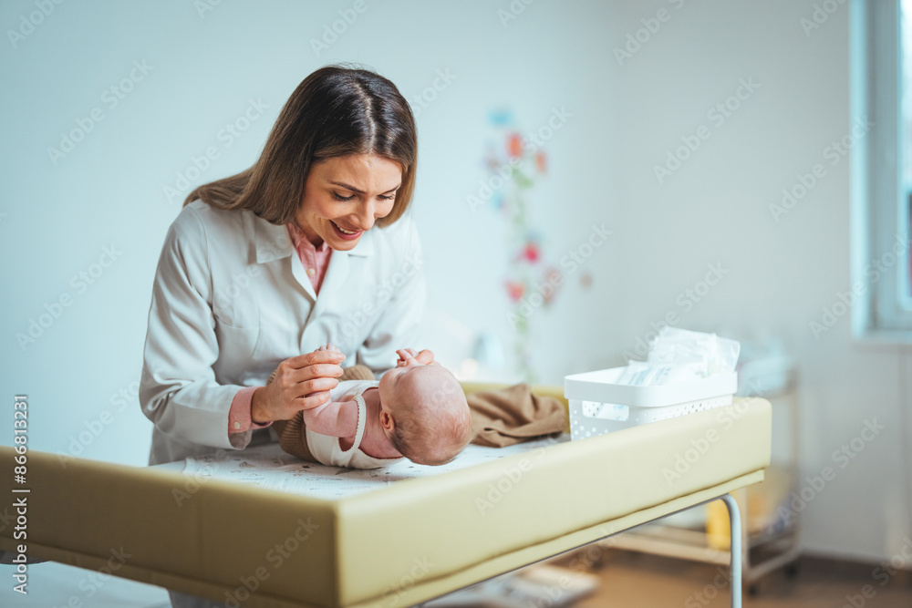 A Caucasian female pediatrician gently examines a newborn in a hospital setting, ensuring the infant's well-being, her attire professional, signaling her medical expertise. A Caucasian female pediatrician gently examines a newborn in a hospital setting, ensuring the infant's well-being, her attire professional, signaling her medical expertise.