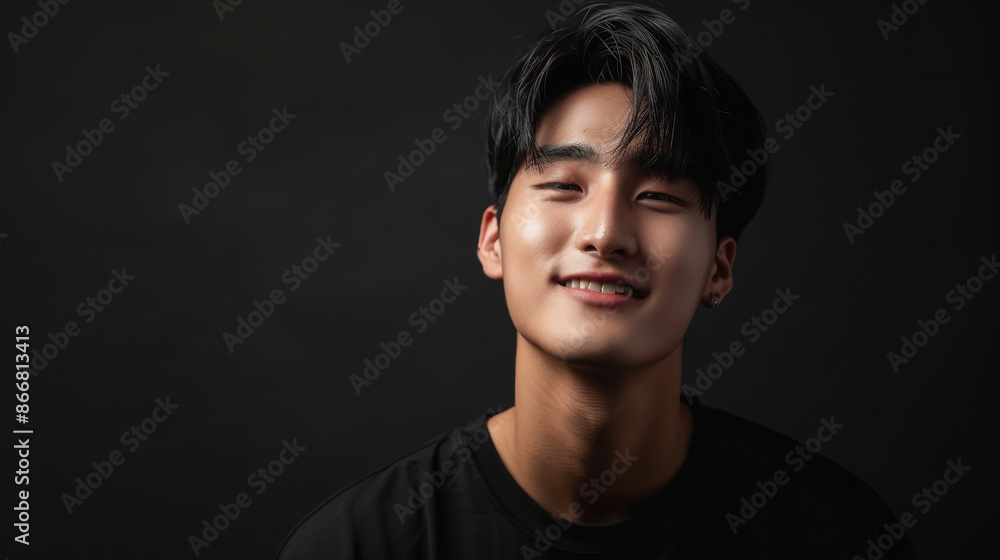 Fototapeta premium handsome korean young man on black background, guy, boy, model, k-pop, asian, male, japanese, chinese, style, fashion, beauty, studio, head, portrait, face, person, people, self care, healthy skin