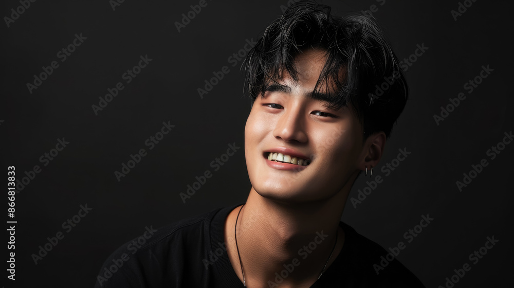 Fototapeta premium handsome korean young man on black background, guy, boy, model, k-pop, asian, male, japanese, chinese, style, fashion, beauty, studio, head, portrait, face, person, people, self care, healthy skin