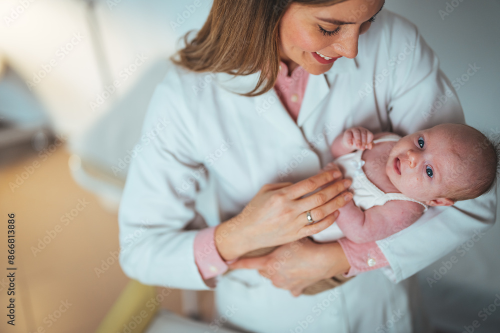 A dedicated Caucasian pediatrician gently examines a content newborn baby, ensuring well-being, in a bright hospital setting, with professional medical attire and attention to detail.