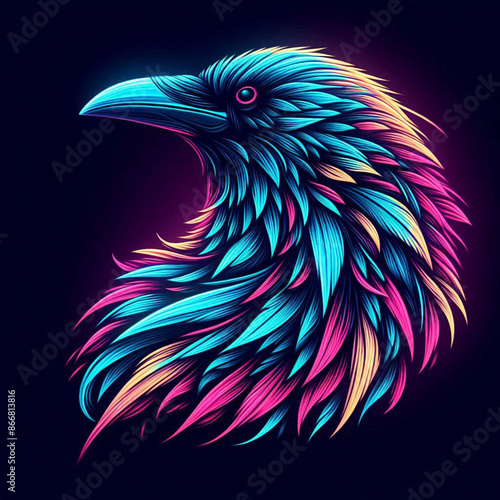 Neon crow with soft light pink and blue accents on a dark background.