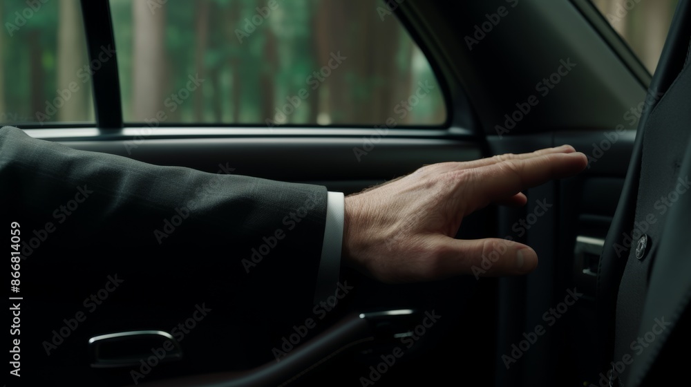 Businessman and chauffeur at car door for professional transport service and business class travel