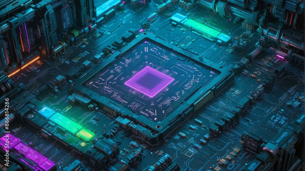 A close-up of a computer's central processing unit (CPU). AI. A close-up of a computer's central processing unit (CPU). AI.