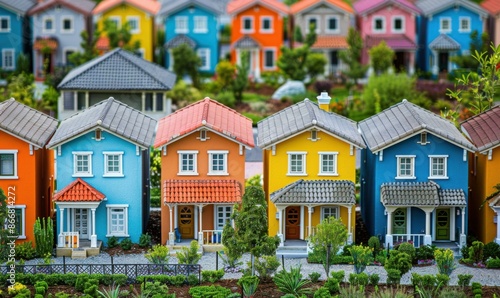 A collection of colorful miniature houses. AI.