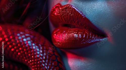 Close-up of a woman's lips with red lipstick and a snake coiled around her neck. AI.