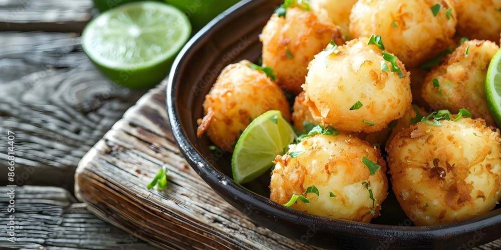 Bolinho de Bacalhau Fried Codfish Fritters with Lime Hot Sauce. Concept Portuguese Cuisine, Seafood Appetizers, Traditional Fritter Recipe, Spicy Condiments, Culinary Delights Bolinho de Bacalhau Fried Codfish Fritters with Lime Hot Sauce. Concept Portuguese Cuisine, Seafood Appetizers, Traditional Fritter Recipe, Spicy Condiments, Culinary Delights