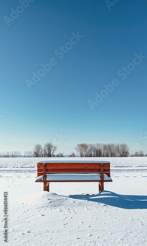 Wallpaper Mural A lone bench sits in a snowy field, surrounded by trees and a clear blue sky. AI. Torontodigital.ca