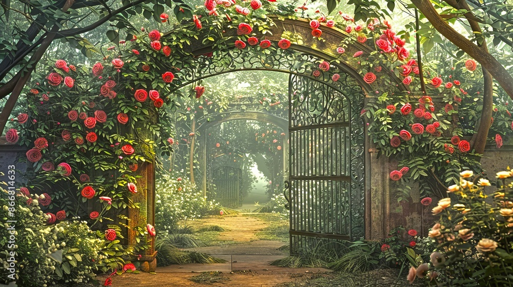 Beautiful garden with rose arch and gate. Pathway leading to a serene forest in the distance. Romantic and vintage style, perfect for garden lovers and romantics. Created by AI. Beautiful garden with rose arch and gate. Pathway leading to a serene forest in the distance. Romantic and vintage style, perfect for garden lovers and romantics. Created by AI.