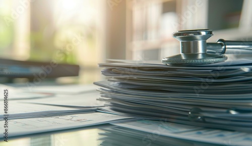 Wallpaper Mural A stethoscope rests on top of a stack of medical files and reports. AI. Torontodigital.ca