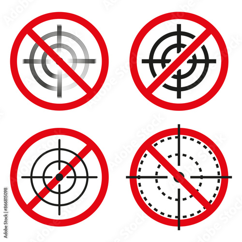 No target icons. Prohibition symbols with crosshairs. Red circles with black marks. Shooting ban sign.
