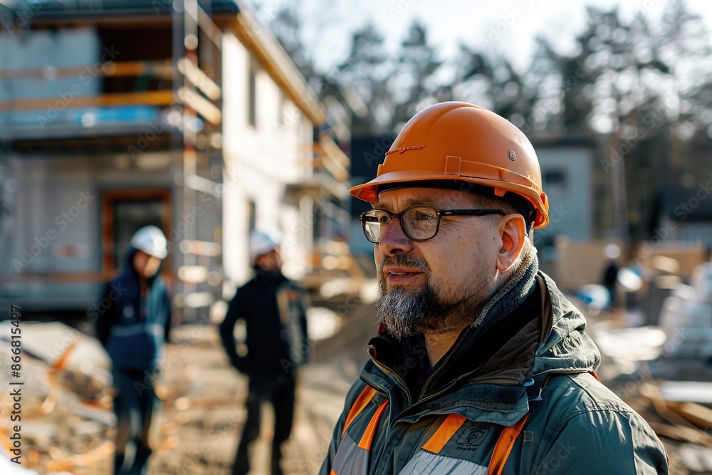 Construction site with focused foreman in orange hard hat. Construction site with focused foreman in orange hard hat.