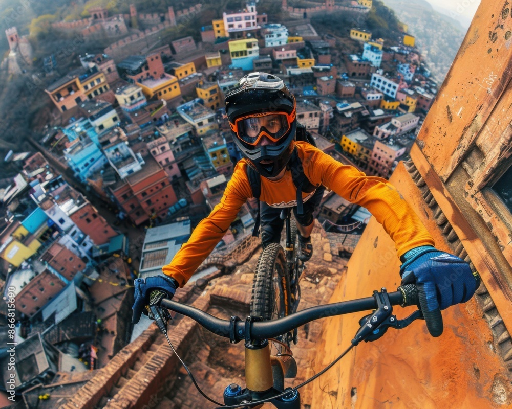 A mountain biker rides along a narrow ridge high above a city. AI. A mountain biker rides along a narrow ridge high above a city. AI.