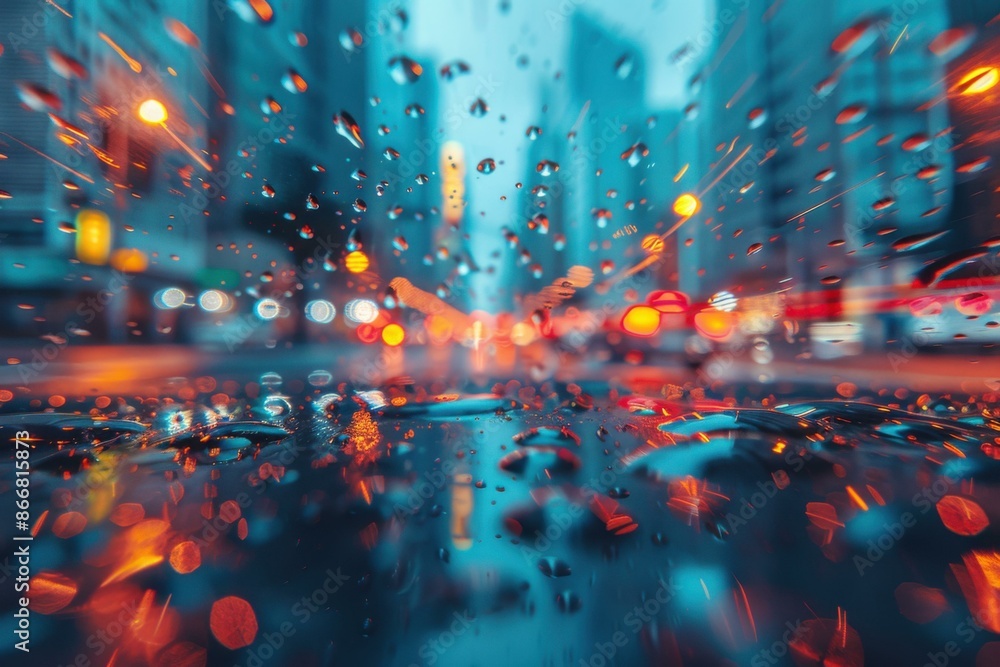 Fototapeta premium Raindrops on a window with blurred city lights in the background. AI.